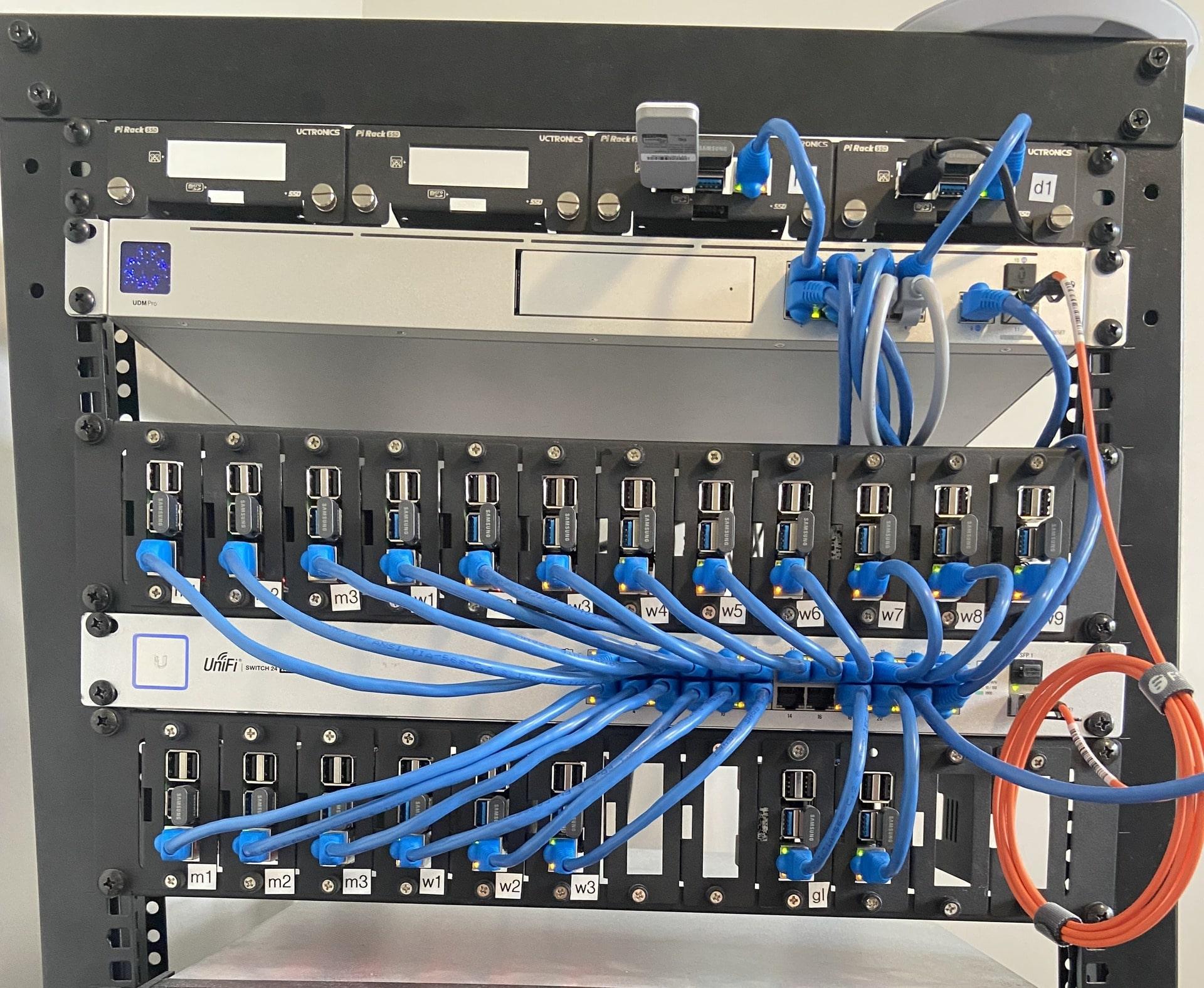 A computer rack with some Raspberry Pis connected to network equiptment